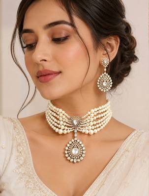 Elegant pearl choker necklace set with kundan-style pendant & matching drop earrings 2