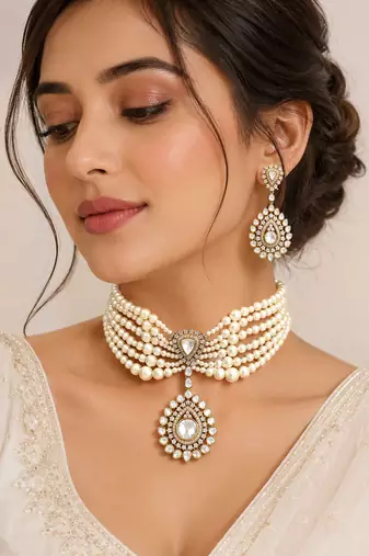 Elegant pearl choker necklace set with kundan-style pendant & matching drop earrings