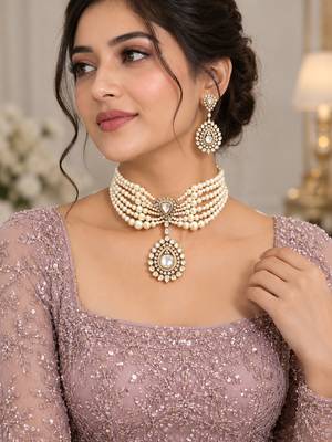Elegant pearl choker necklace set with kundan-style pendant & matching drop earrings 3