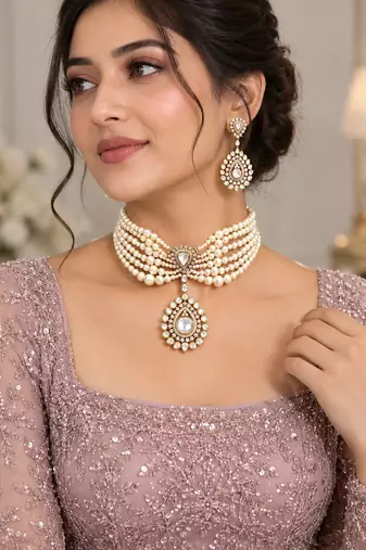 Elegant pearl choker necklace set with kundan-style pendant & matching drop earrings