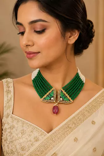 Elegant green beaded necklace with artistic pendant and ruby-tone drop