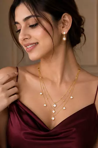 Elegant gold tone multi-layer necklace set with white stone pendant & drop earrings