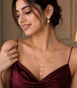 Elegant gold tone multi-layer necklace set with white stone pendant & drop earrings
