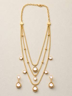 Elegant gold tone multi-layer necklace set with white stone pendant & drop earrings 2
