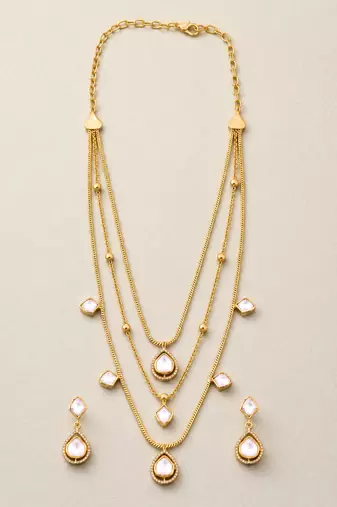 Elegant gold tone multi-layer necklace set with white stone pendant & drop earrings