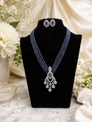 Elegant blue beaded long necklace set with crystal pendant & matching earrings 1