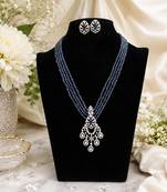 Elegant blue beaded long necklace set with crystal pendant & matching earrings
