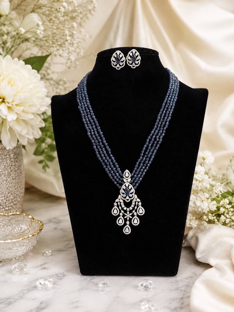 Elegant blue beaded long necklace set with crystal pendant & matching earrings
