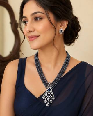 Elegant blue beaded long necklace set with crystal pendant & matching earrings 2