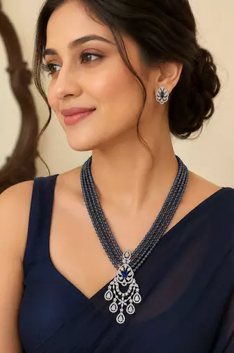 Elegant blue beaded long necklace set with crystal pendant & matching earrings