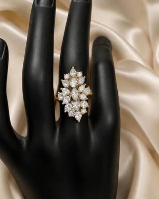 Elegant gold-plated floral cluster statement ring with clear stones 1