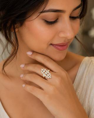 Elegant gold-plated floral cluster statement ring with clear stones 2