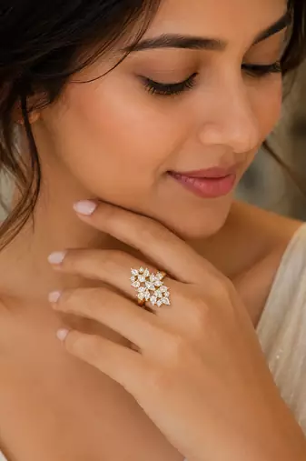 Elegant gold-plated floral cluster statement ring with clear stones