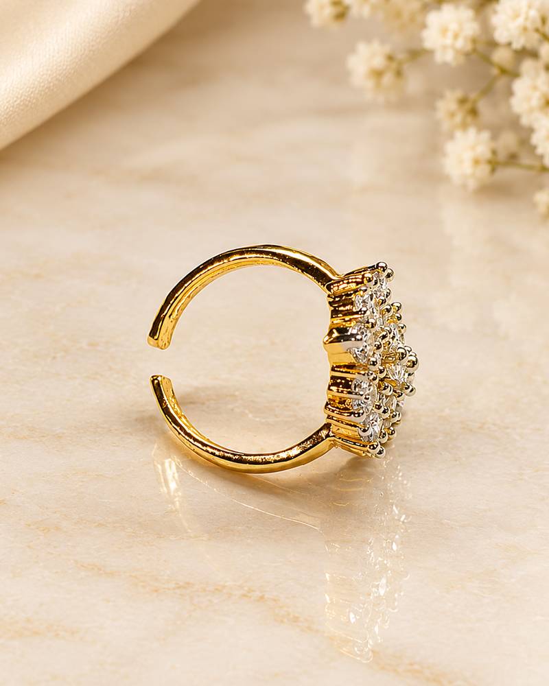 Elegant gold-plated floral cluster statement ring with clear stones