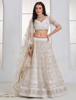Fantastic White Sequins Net Bridesmaid Lehenga Choli With Dupatta 1