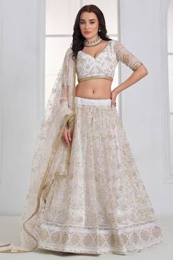 Fantastic White Sequins Net Bridesmaid Lehenga Choli With Dupatta