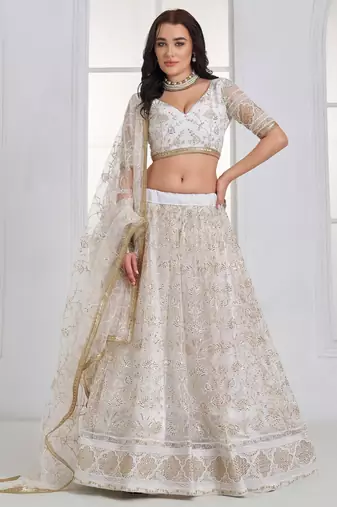 Fantastic White Sequins Net Bridesmaid Lehenga Choli With Dupatta