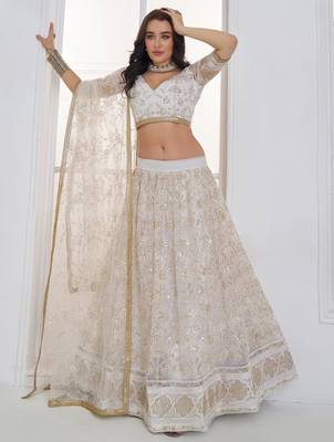 Fantastic White Sequins Net Bridesmaid Lehenga Choli With Dupatta 2