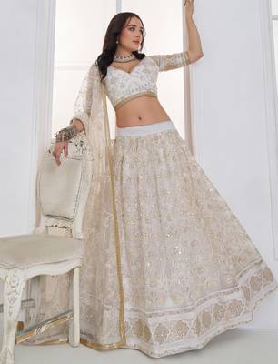 Fantastic White Sequins Net Bridesmaid Lehenga Choli With Dupatta 3