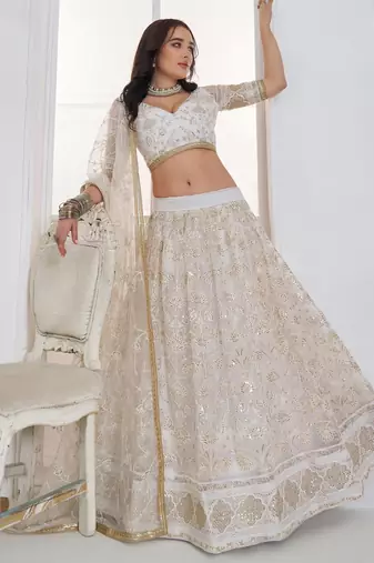 Fantastic White Sequins Net Bridesmaid Lehenga Choli With Dupatta