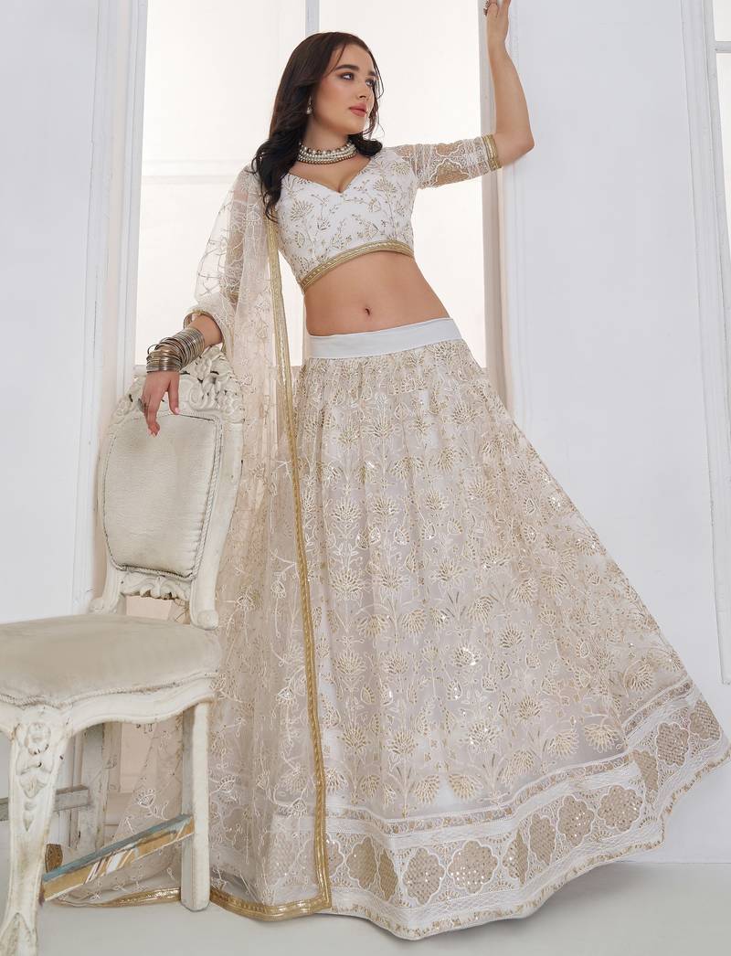 Fantastic White Sequins Net Bridesmaid Lehenga Choli With Dupatta