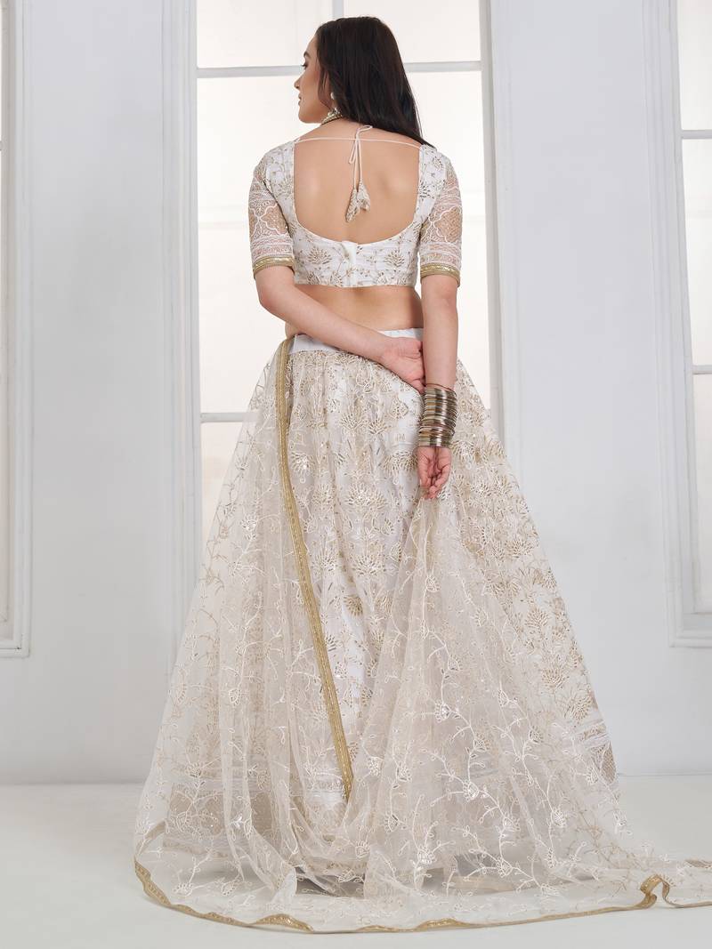 Fantastic White Sequins Net Bridesmaid Lehenga Choli With Dupatta
