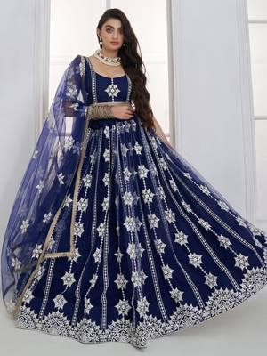 Charming Navy Blue Thread Embroidery Net Wedding Wear Lehenga Choli 1