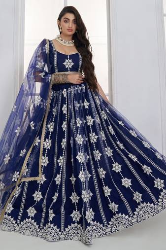 Charming Navy Blue Thread Embroidery Net Wedding Wear Lehenga Choli