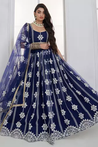 Charming Navy Blue Thread Embroidery Net Wedding Wear Lehenga Choli