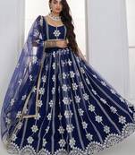 Charming Navy Blue Thread Embroidery Net Wedding Wear Lehenga Choli