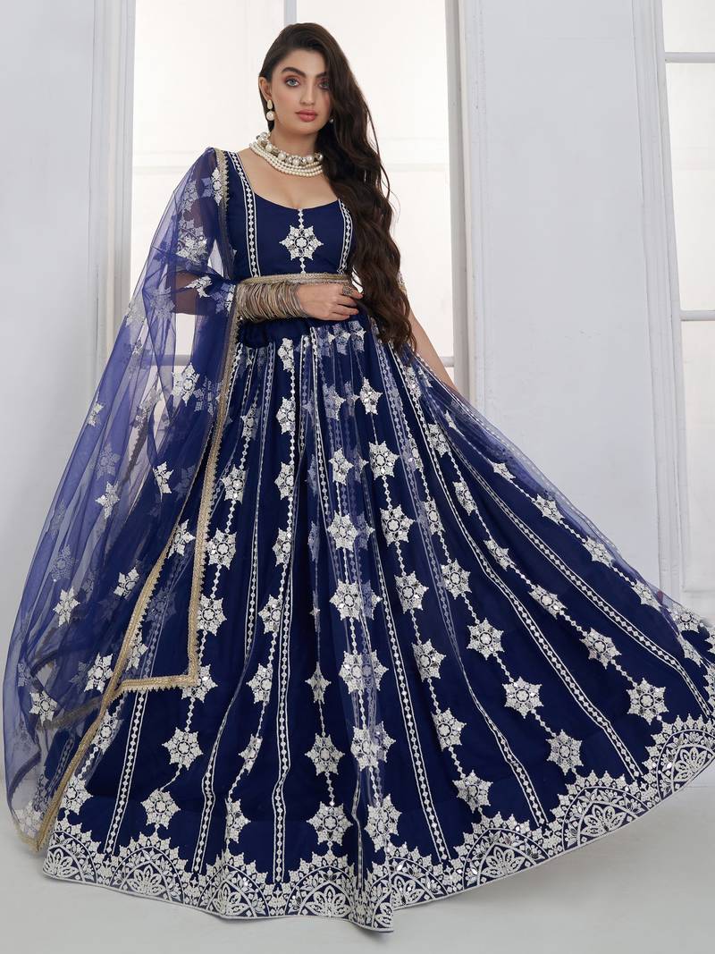Charming Navy Blue Thread Embroidery Net Wedding Wear Lehenga Choli