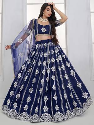 Charming Navy Blue Thread Embroidery Net Wedding Wear Lehenga Choli 2