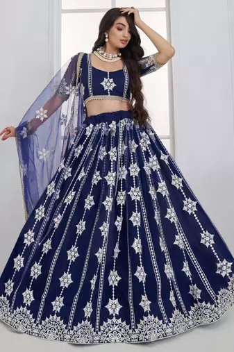 Charming Navy Blue Thread Embroidery Net Wedding Wear Lehenga Choli