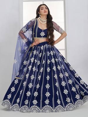 Charming Navy Blue Thread Embroidery Net Wedding Wear Lehenga Choli 3