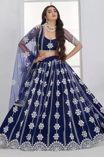 Charming Navy Blue Thread Embroidery Net Wedding Wear Lehenga Choli