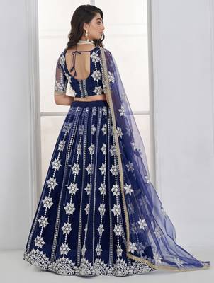 Charming Navy Blue Thread Embroidery Net Wedding Wear Lehenga Choli 4