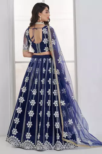 Charming Navy Blue Thread Embroidery Net Wedding Wear Lehenga Choli