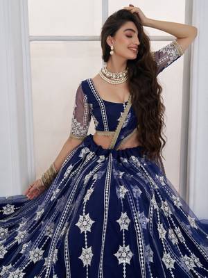 Charming Navy Blue Thread Embroidery Net Wedding Wear Lehenga Choli 5