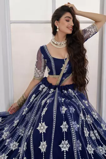 Charming Navy Blue Thread Embroidery Net Wedding Wear Lehenga Choli