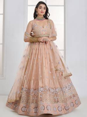 Lovable Peach Floral Embroidered Net Engagement Wear Lehenga Choli 1