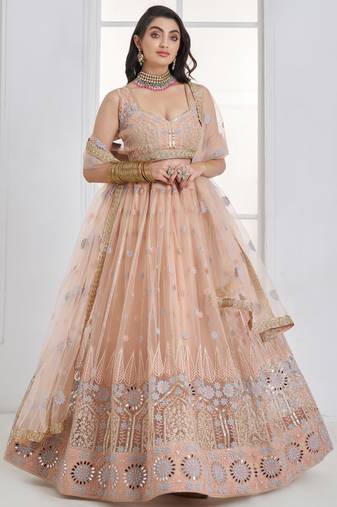 Lovable Peach Floral Embroidered Net Engagement Wear Lehenga Choli