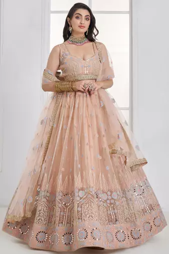 Lovable Peach Floral Embroidered Net Engagement Wear Lehenga Choli