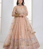 Lovable Peach Floral Embroidered Net Engagement Wear Lehenga Choli