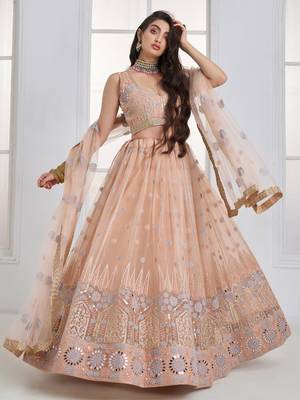 Lovable Peach Floral Embroidered Net Engagement Wear Lehenga Choli 2