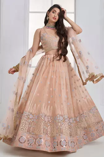 Lovable Peach Floral Embroidered Net Engagement Wear Lehenga Choli