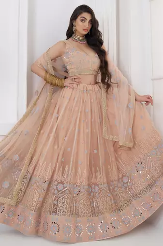 Lovable Peach Floral Embroidered Net Engagement Wear Lehenga Choli