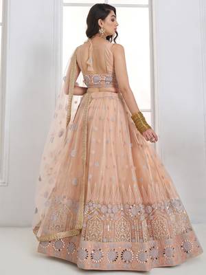 Lovable Peach Floral Embroidered Net Engagement Wear Lehenga Choli 4