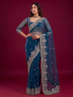 New Designer Soft Net Fabric Embroidered Work Saree With Blouse Set For Women's 1