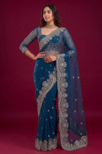New Designer Soft Net Fabric Embroidered Work Saree With Blouse Set For Women's