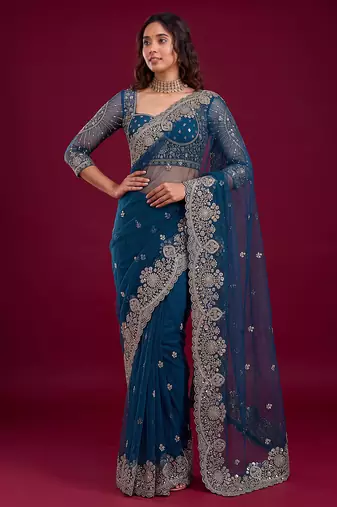 New Designer Soft Net Fabric Embroidered Work Saree With Blouse Set For Women's